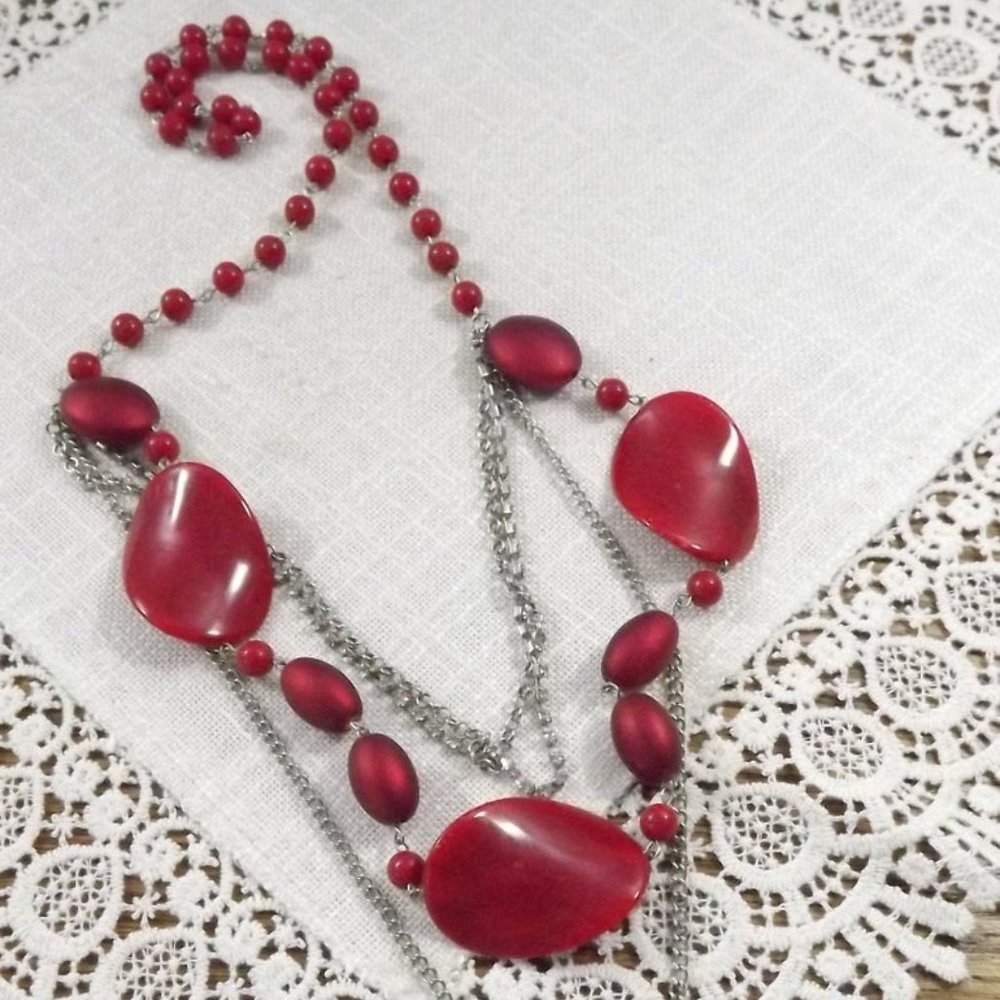 Red Silver and Rhinestone Multi-Strand Necklace